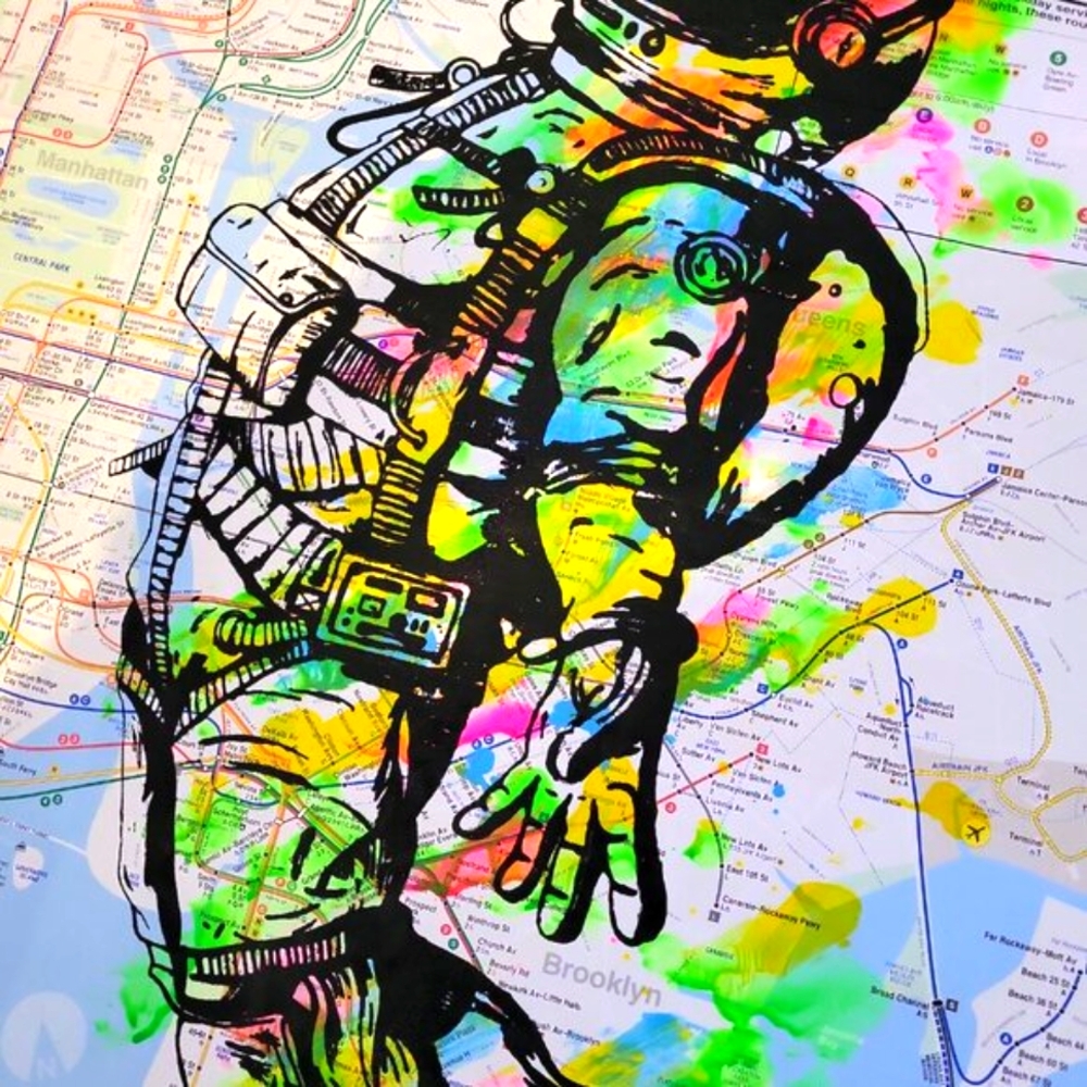 Handpainted Astronaut Acrylic Graffiti Art Spaceman artwork on a NYC Subway Map - Picture 9 of 9